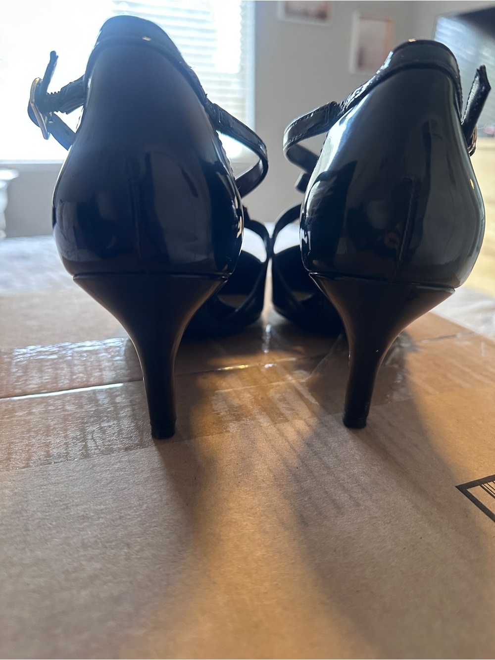Bandolino Black Patent Leather Strappy Kitten Heels
